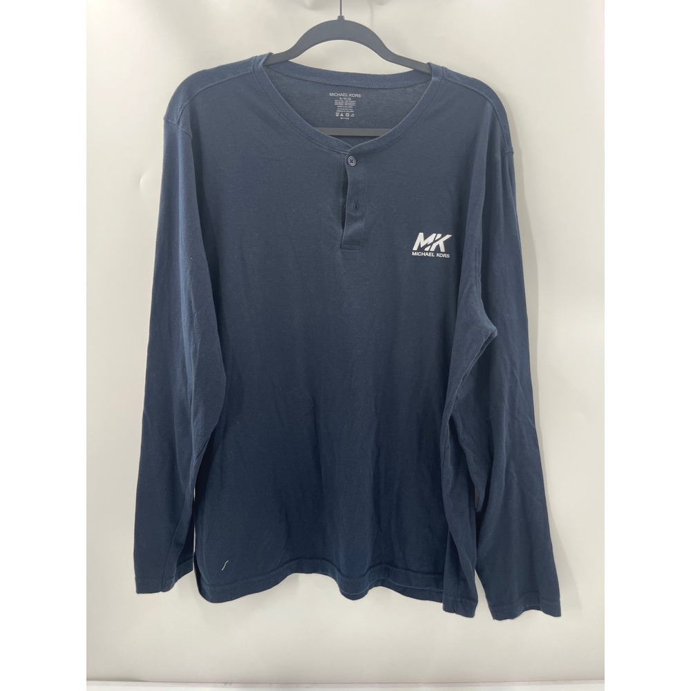 Michael Kors Mens XL Navy Blue Long Sleeve Henley Shirt MK Logo Cotton Blend